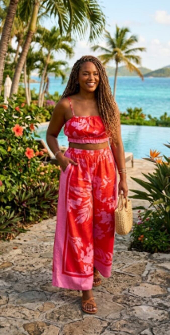 Sienna Sky Red Pink Floral 2-Piece Set Crop Top & Wide Leg Linen Pants XL EUC